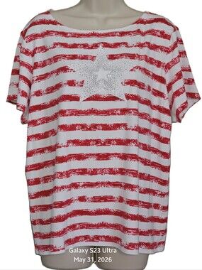 Women's 2X Patriotic Top Red & White Stripes Star Karen Scott Woman Short Sleeve